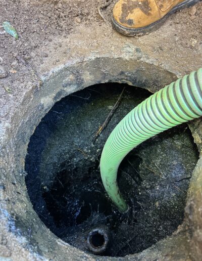 Pumping a septic tank with root intrusion, showing roots being removed and a vacuum truck in operation